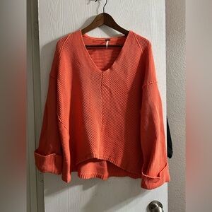 Free People Main Squeeze V-Neck Sweater Coral Ribbed Knit Women Size S